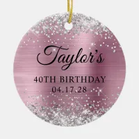 Silver Glitter Light Pink 40th Birthday Photo Ceramic Ornament