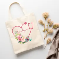 Pink Floral Stethoscope Heart Medical Nurse Doctor Tote Bag