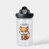 Cute Kawaii Fox with Bubble Tea Personalized Water Bottle