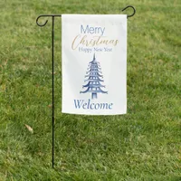 Blue Pagoda Christmas Tree Welcome Garden Flag