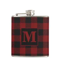 Fun Outdoorsy Rustic Red Buffalo Plaid Monogram Flask