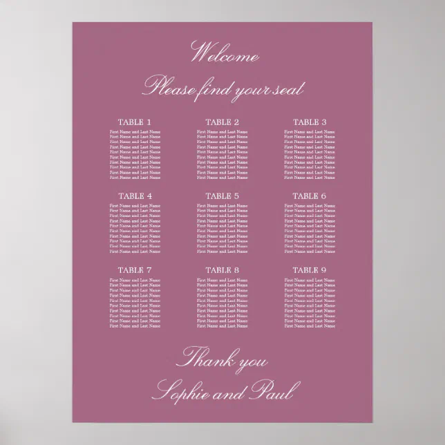 Mauve 9 Table Wedding Seating Chart Poster