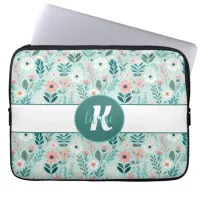 Pretty Blue and Pink Pastel Folk Art Flowers Laptop Sleeve