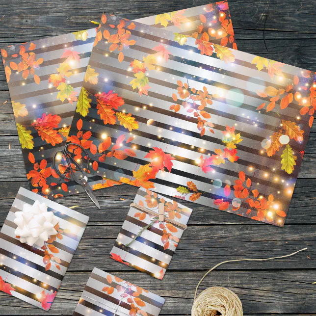 Magical Autumn Leaves On Silver And Black Stripes Wrapping Paper Sheets