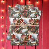 Pretty Brown Horse in Red Bow Christmas Wrapping Paper Sheets