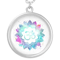 *~* OM Symbol . Lotus Watercolor  Mandala Aum Silver Plated Necklace