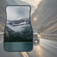 Snowy mountains in the fog at lake, nature  car floor mat