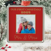 Our First Christmas Red And Gold Mr And Mrs Photo Metal Ornament