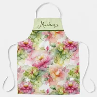 Pastel Flowers Alcohol Ink Illustration Green Apron