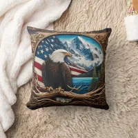 Bald Eagle Perched by Mountains and American Flag Throw Pillow