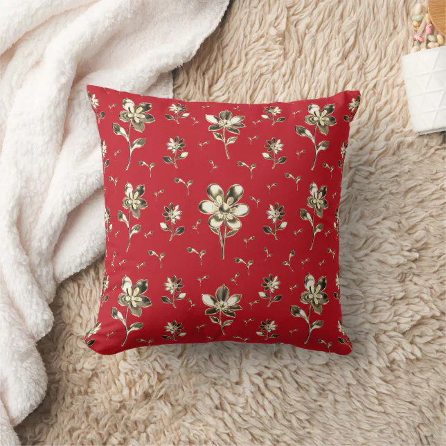 Floral Red And Gold Flower Pattern Double Sided Throw Pillow