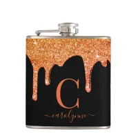 Halloween Orange Sparkle Glitter Drips Monogram Flask