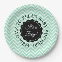 Personalized Baby Shower Sage Chevron Paper Plates