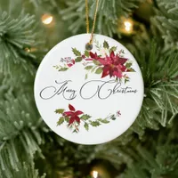 Watercolor Poinsettia and Holly Christmas Photo Ceramic Ornament