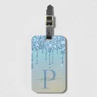 Glam Blue Glitter Drips Elegant Monogram  Luggage Tag