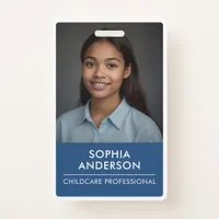 Sleek Blue & White Modern Minimalist Childcare ID Badge