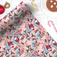 Pink Reindeer Christmas Village Wrapping Paper