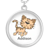Scraggly Cat Cartoon Add Name Silver Plated Necklace