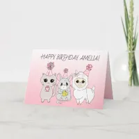 Whimsical Llama, Kitten and Mouse Girl's Birthday Card