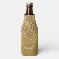 Glittery Gold Glam Script Name Bottle Cooler