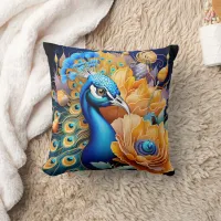 Vibrant Peacock Displaying Feathers Among Flowers Throw Pillow