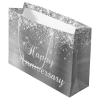 Glittery Silver Foil Fancy Happy Anniversary Large Gift Bag