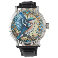 Vibrant Blue Bird Perched on Stained Glass Watch