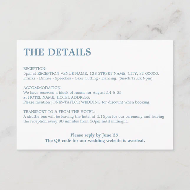 Minimal Dusty Blue QR Code Wedding Details Enclosure Card