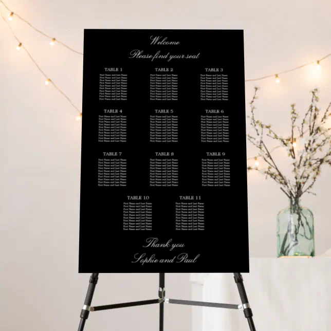 Elegant Black 11 Table Wedding Seating Chart Foam Board