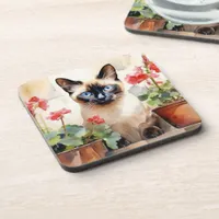 Siamese Cat Red Geranium Flowers Watercolor Pretty Beverage Coaster