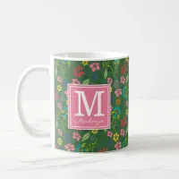 Girly Bohemian Flowers Forest Green Pink Monogram Coffee Mug