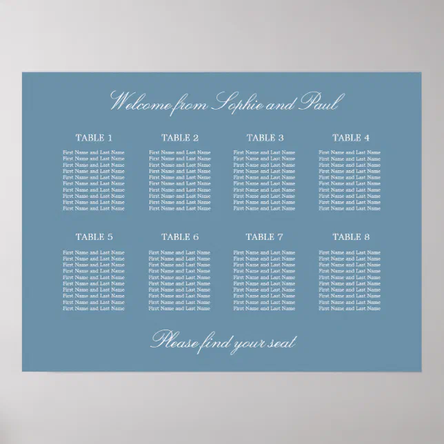 Dusty Blue 8 Table Wedding Seating Chart Poster