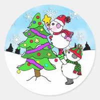 Snowman Couple putting Star on Christmas Tree Classic Round Sticker