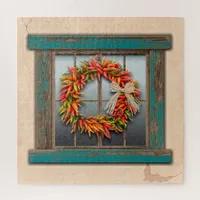 Southwest Chile Wreath Weathered Blue Wood Window Jigsaw Puzzle