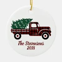 Christmas Green Plaid Tree Red Truck Holiday Photo Ceramic Ornament