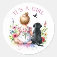 A Baby Girl and her Puppy | It's a Girl Classic Round Sticker