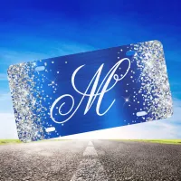 Silver Glitter Royal Blue Foil Fancy Monogram License Plate