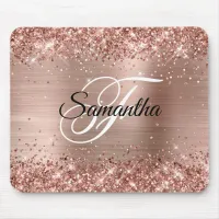 Faux Shiny Rose Gold Glitter Foil Monogram Mouse Pad