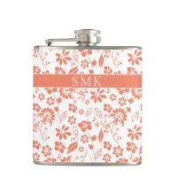 Modern Peach Coral Tropical Flowers Monogram Flask