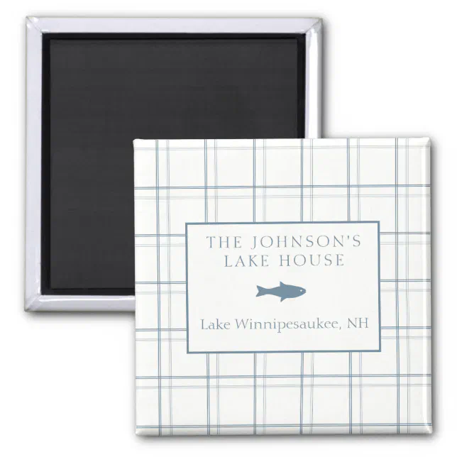 Classic Customizable Plaid Lake House Blue Fish Magnet