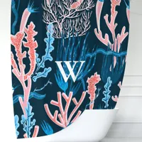 Navy Blue and Pink Ocean Coral Monogram Nautical Shower Curtain