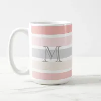 Monogram on Modern Pink Gray Cream Stripes Coffee Mug