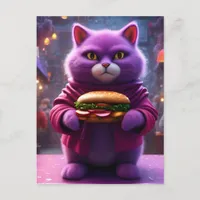 Funny Purple Cat With a Cheeseburger Postcard