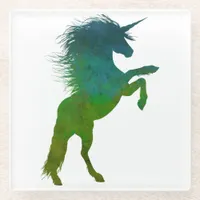 Blue and Green Unicorn Glass Coaster