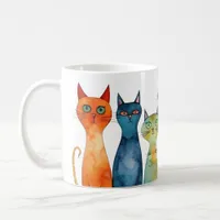 Whimsical Orange Purple Teal Watercolor Cats Coffee Mug