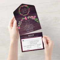 Rustic Dusty Purple Wood Barn Pink Floral Wed RSVP All In One Invitation