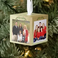 Happy Holiday 3 Family Photos Holly & Gold Pattern Cube Ornament