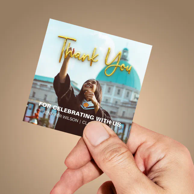 Golden Script Thank You Custom Photo Graduation Square Sticker