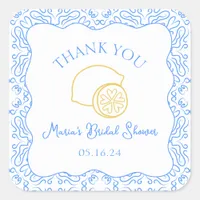 Thank You Lemon Blue Tiles Custom Bridal Shower Square Sticker