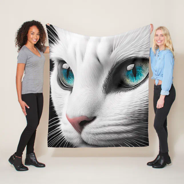 Albino White Cat Face Jewel Eyes Fleece Blanket